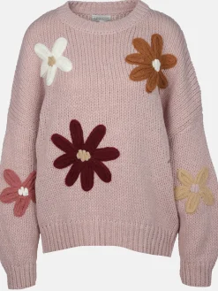 Damen Strickpullover mit aufgesetzten Blumen