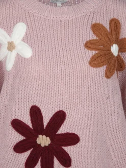 Damen Strickpullover mit aufgesetzten Blumen