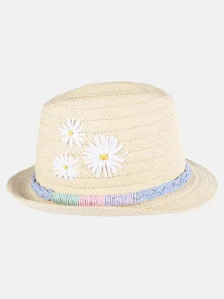 Mädchen Strohhut mit Bastblumen und Zierband